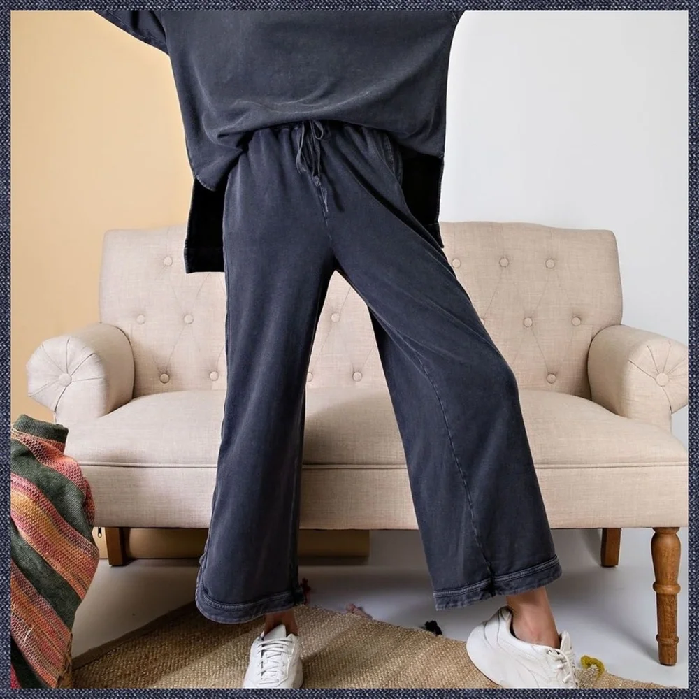 EASEL "So Comfy" Mineral Washed Pants Cotton Terry Side Leg Detail Elastic Waist - Picture 7 of 16